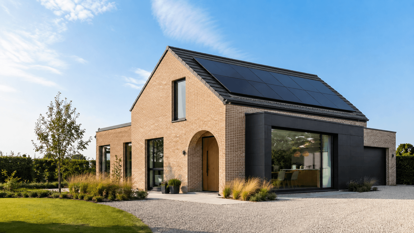 Moderne woning met zonnepanelen op het dak